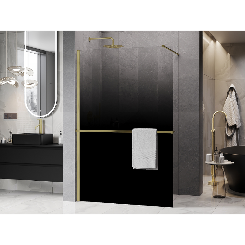 Mexen Kioto+ душ панел с рафт Walk-in 120 x 200 cm, омбре черно 8 мм, злато четкано
