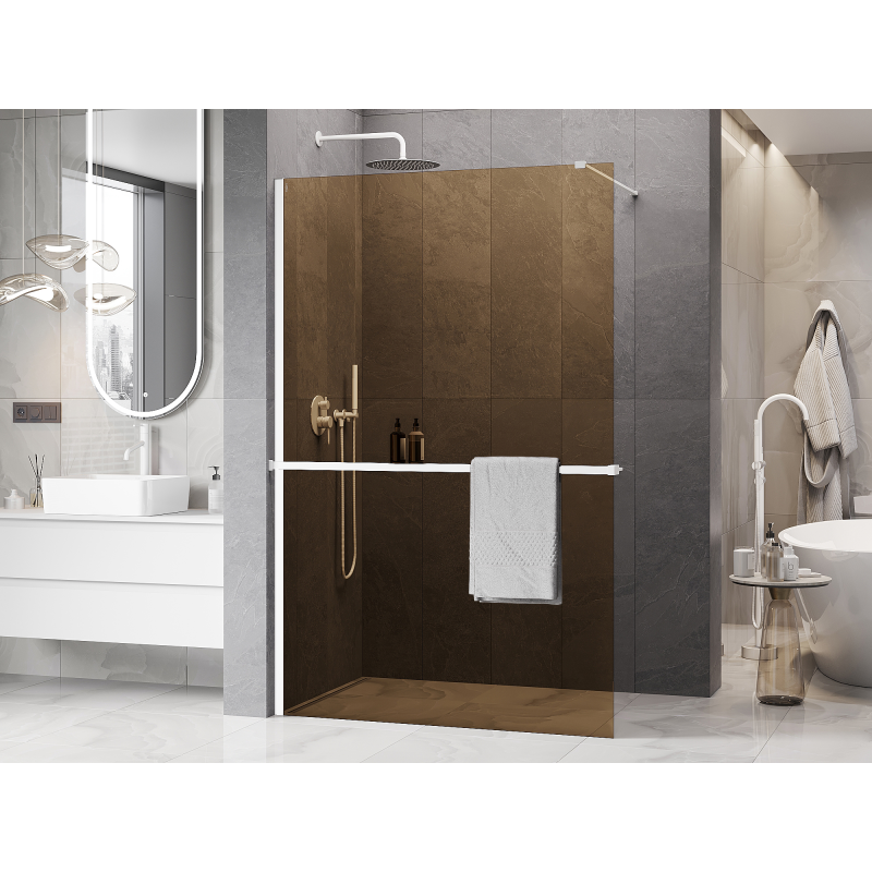Mexen Kioto+ душен панел със стъклена рафт Walk-in 130 x 200 см, бронз 8 мм, бял