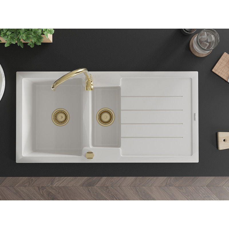 Mexen Andres гранитна мивка с 1,5 камери с отцедник и кухненски смесител Telma, бяла - 6515-20-670200-50