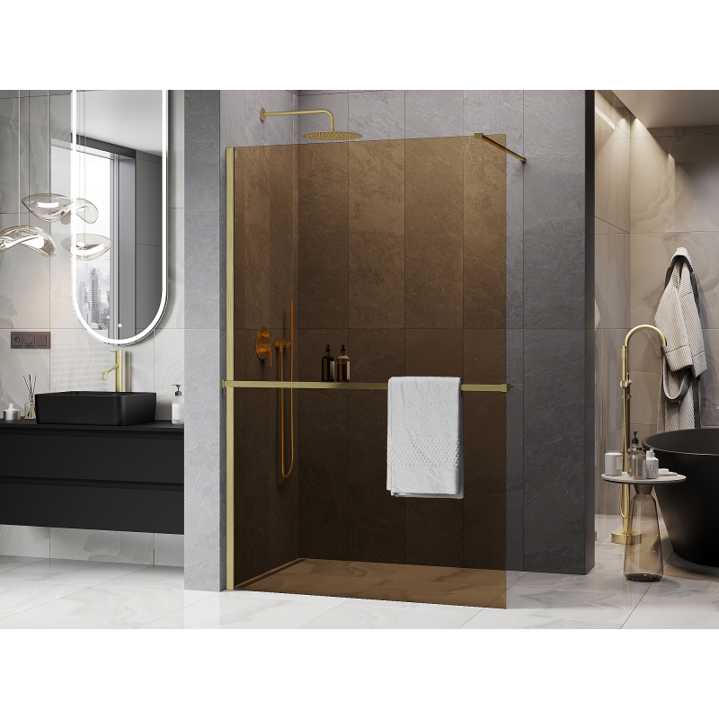 Mexen Kioto+ душ-панел с рафт Walk-in 90 x 200 см, бронз 8 мм, злато четкано