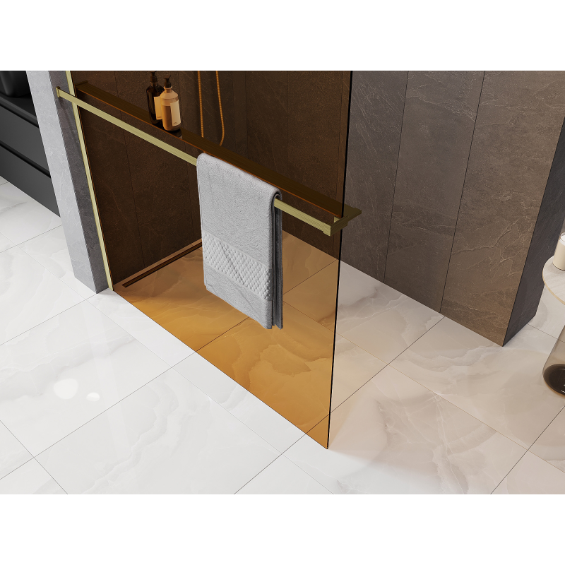 Mexen Kioto+ Душ стена с рафт Walk-in 130 x 200 см, бронз 8 мм, златно матирано