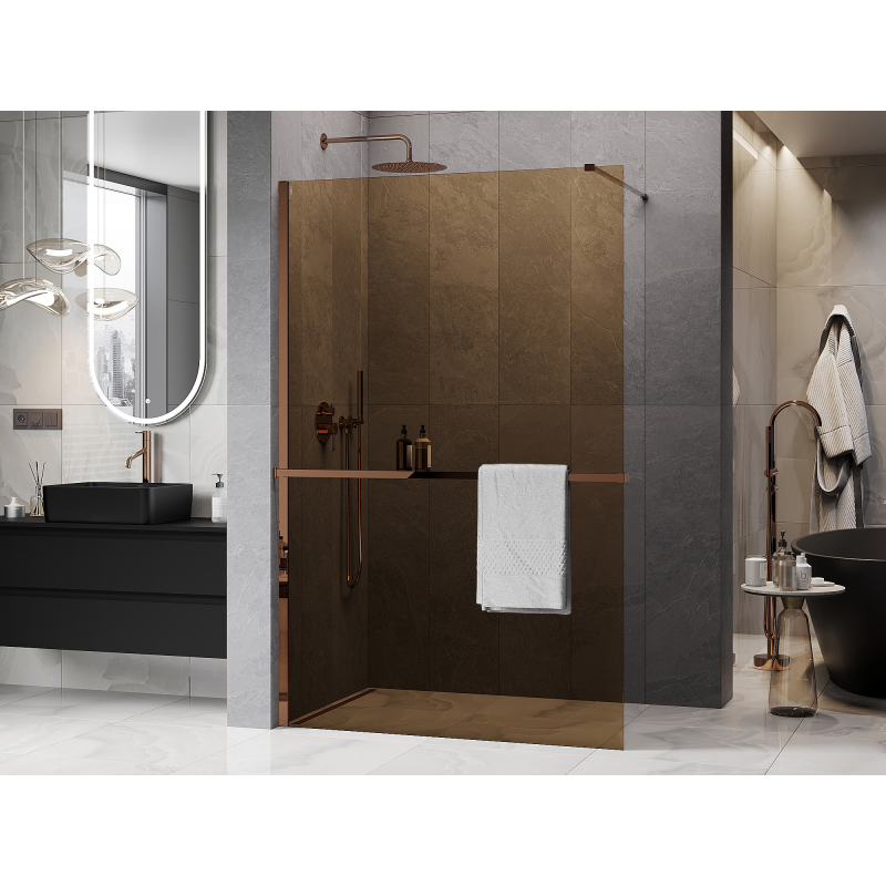 Mexen Kioto+ Преградна стена за душ с рафт Walk-in 120 x 200 см, бронз 8 мм, розово
