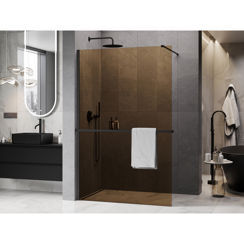 Mexen Kioto+ Душ преграда с рафт Walk-in 90 x 200 см, бронз 8 мм, черна - 800-090-121-70-32