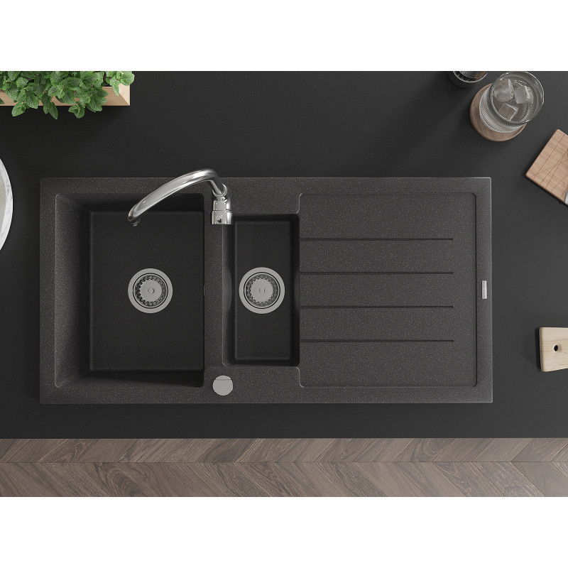 Mexen Andres гранитна мивка 1,5-камерна с изтичник и кухненски смесител Telma, черен накрапчан - 6515-76-670200-00