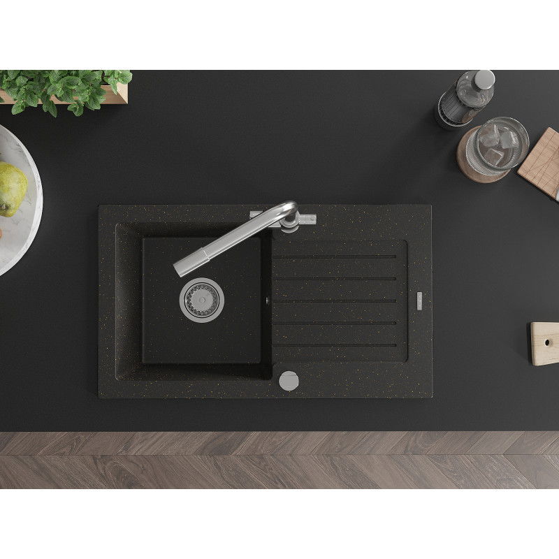 Mexen Pablo гранитна мивка с 1 отделение с отцедник и кухненски смесител Duero, черен/златист металик - 6510-75-671600-00