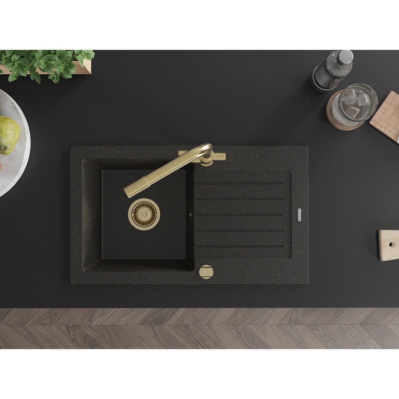 Mexen Pablo гранитна мивка с 1 камера със сушилник и кухненски смесител Duero, черно/златен металик - 6510-75-671600-50