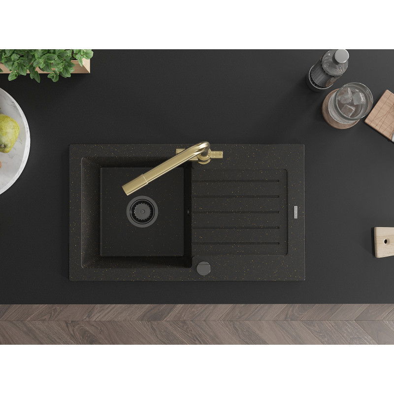 Mexen Pablo мивка гранитна 1-камерна с отцедник и кухненски смесител Duero, черен/златист металик - 6510-75-671600-50-B