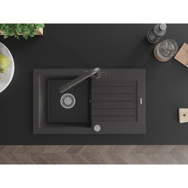 Mexen Pablo гранитна мивка с 1 камера и отцедник с кухненски смесител Duero, черен на пръски - 6510-76-671600-76