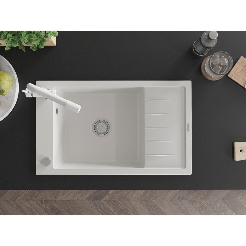 Mexen Elias гранитна кухненска мивка с 1 отделение с отцедник и кухненски смесител Duero, бял - 6511-20-671600-20