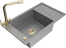 Mexen Elias единична кухненска мивка от гранит с отцедник и кухненски смесител Duero, сив - 6511-71-671600-50