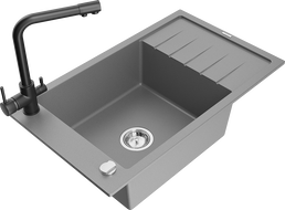 Mexen Elias гранитна мивка с 1 отделение с отцедник и кухненски смесител Duero, сив - 6511-71-671600-70