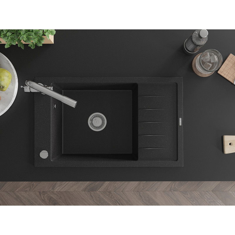 Mexen Elias гранитна мивка 1-коморна с отцедник и кухненски смесител Duero, черен/сребърен металик - 6511-73-671600-00