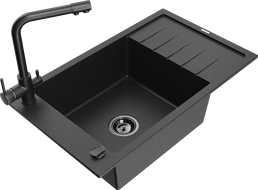 Mexen Elias гранитна мивка с 1 камера и отцедник и кухненски смесител Duero, черен/сребърен металик - 6511-73-671600-70-B