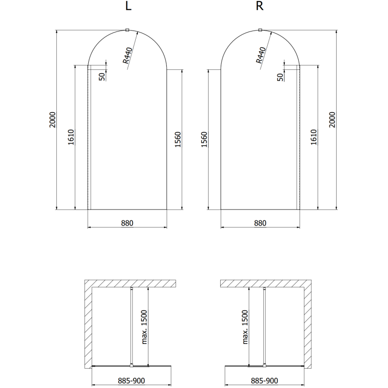 Mexen Kioto-Q Душпреграда Walk-in 90 x 200 см, прозрачна 8 мм, матиран никел