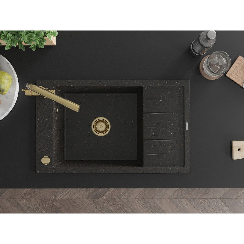 Mexen Elias мивка от гранит с 1 отделение с отцеждач и кухненски смесител Duero, черен/златист металик - 6511-75-671600-50