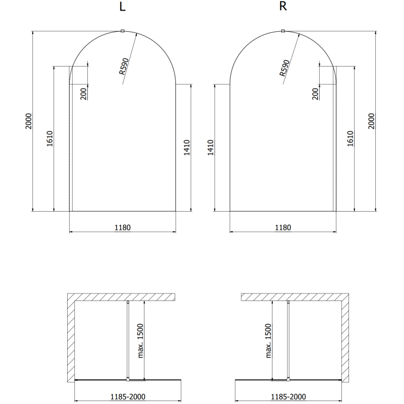 Mexen Kioto-Q стенна преграда за душ Walk-in 120 x 200 см, прозрачна 8 мм, четков