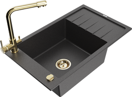 Mexen Elias единична мивка от гранит с отцедник и кухненски смесител Duero, черен на пръски - 6511-76-671600-50