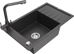 Mexen Elias гранитна кухненска мивка с 1 корито с отцедник и кухненски смесител Duero, черна с пръски - 6511-76-671600-76