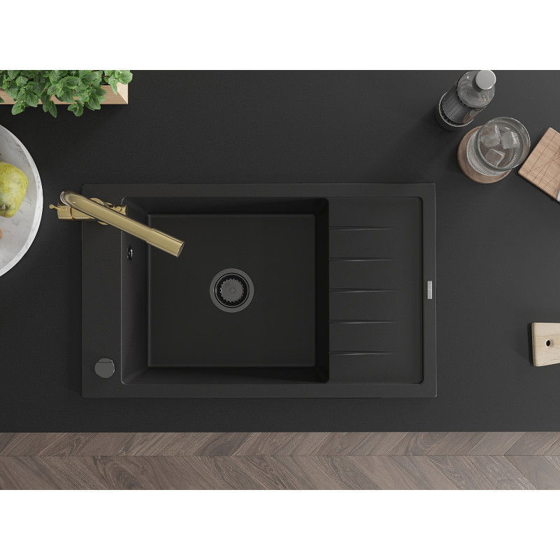 Mexen Elias гранитна мивка с 1 контейнер със сушилник и кухненски смесител Duero, черен - 6511-77-671600-50-B