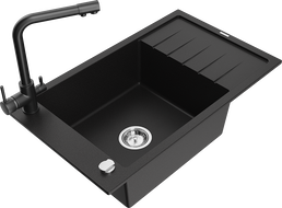 Mexen Elias гранитна мивка с една камера, с отцедник и кухненски смесител Duero, черен - 6511-77-671600-70