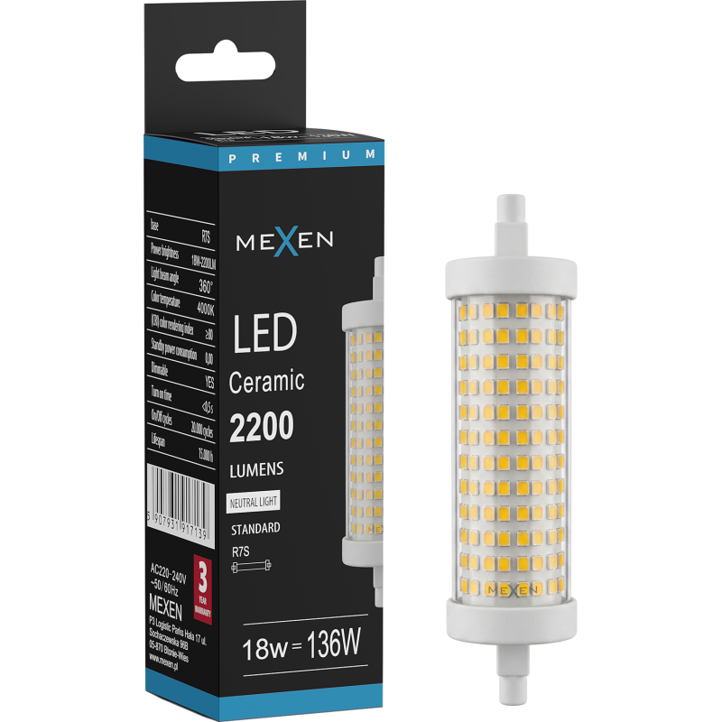 Mexen Vega Димируема LED крушка R7S, 18W, Неутрална - 4000K, 2200 lm - L125-R7S-1840-02