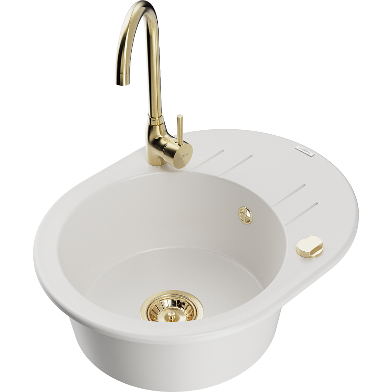 Mexen Kevin гранитна мивка с една камера и отцедник с кухненски смесител Telma, бял - 6517-20-670200-50