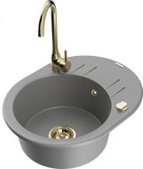 Mexen Kevin еднокамерна гранитна мивка с канали и кухненски смесител Telma, сив - 6517-71-670200-50