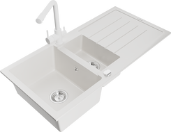 Mexen Andres гранитна мивка 1,5-камерна с дренаж и кухненска батерия Duero, бяла - 6515-20-671600-20