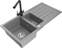 Mexen Andres гранитна мивка с 1,5 камери със сушилник и кухненски смесител Duero, сив - 6515-71-671600-70