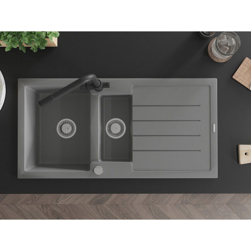 Mexen Andres гранитна мивка с 1,5 камери със сушилник и кухненски смесител Duero, сив - 6515-71-671600-70