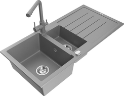 Mexen Andres гранитна мивка 1,5-камерна с отцедник и кухненски смесител Duero, сив - 6515-71-671600-71