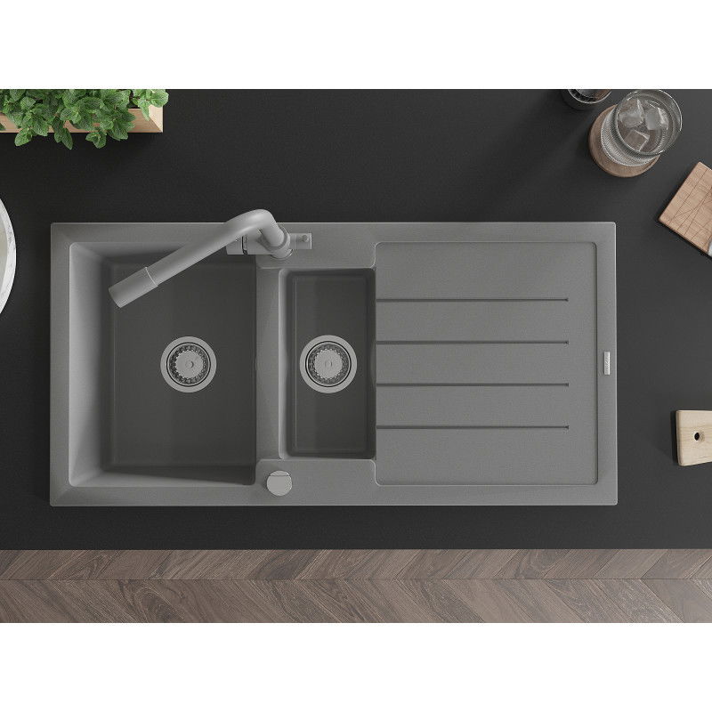 Mexen Andres гранитна мивка 1,5-камерна с отцедник и кухненски смесител Duero, сив - 6515-71-671600-71