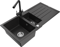 Mexen Andres гранитна мивка с 1,5 камери с отцедник и кухненски смесител Duero, черно/сребристо - 6515-73-671600-70