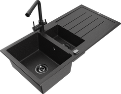 Mexen Andres гранитна мивка с 1,5 камери с отцедник и кухненски смесител Duero, черен/сребърен - 6515-73-671600-70-B