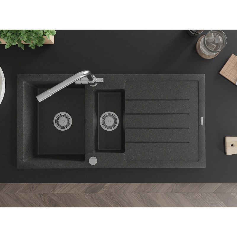 Mexen Andres гранитна мивка, 1,5-камерна с отцедник и кухненски смесител Duero, черна петниста - 6515-76-671600-00