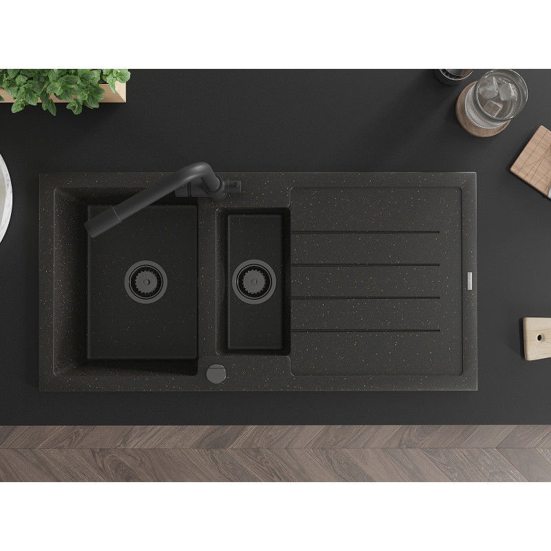 Mexen Andres гранитна мивка с 1,5 камери с отцедник и кухненски кран Duero, черно/златно - 6515-75-671600-70-B