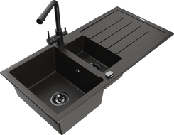Mexen Andres гранитна мивка с 1,5 камери с отцедник и кухненски кран Duero, черно/златно - 6515-75-671600-70-B
