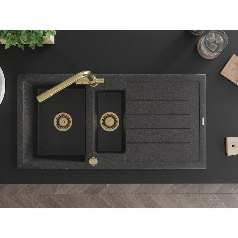 Mexen Andres гранитна мивка с 1,5 камери с отцедник и кухненски смесител Duero, черен напетнен - 6515-76-671600-50