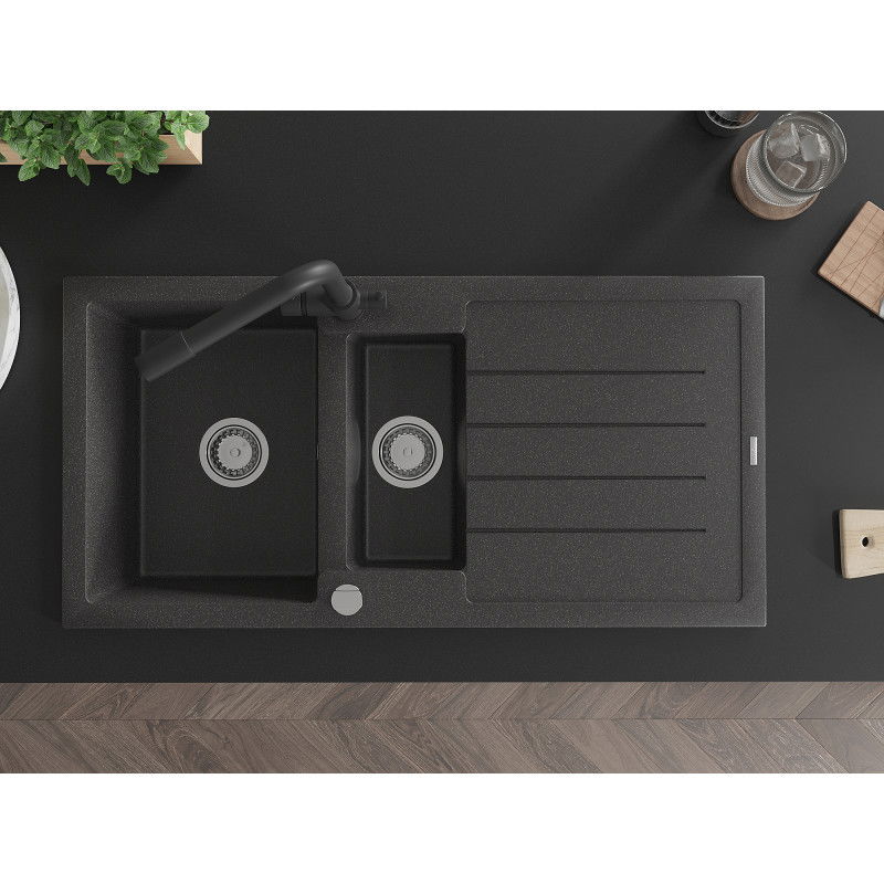 Mexen Andres гранитна мивка 1,5-коморна с отцедник и кухненски смесител Duero, черна на пръски - 6515-76-671600-70