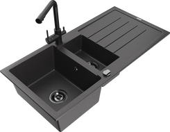 Mexen Andres гранитна мивка 1,5-камерна с отцедник и кухненски смесител Duero, черен с пръски - 6515-76-671600-70-B