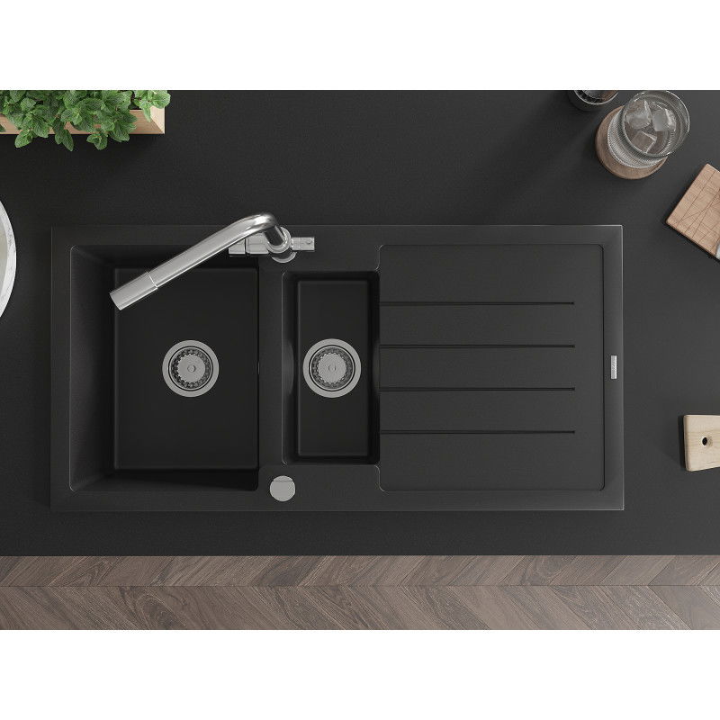 Mexen Andres гранитна мивка с 1,5 камери с отцедник и кухненски смесител Duero, черен - 6515-77-671600-00