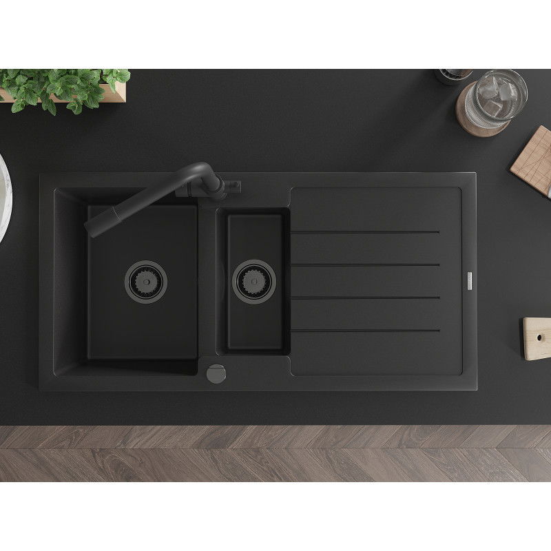 Mexen Andres Гранитна мивка 1,5-коморна с отцедник и кухненски смесител Duero, черно - 6515-77-671600-70-B