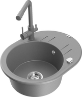 Mexen Kevin гранитна кухненска мивка с 1 корито с отцедник и кухненски смесител Duero, сив - 6517-71-671600-71