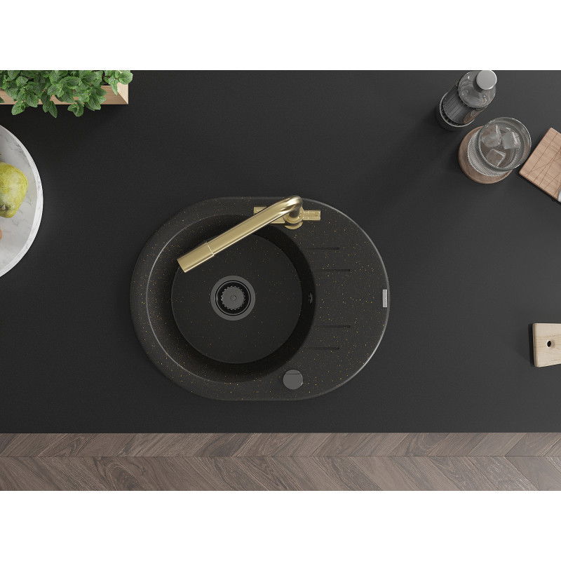 Mexen Kevin еднокамерна гранитна мивка с отцедник и кухненски смесител Duero, черен/златен металик - 6517-75-671600-50-B
