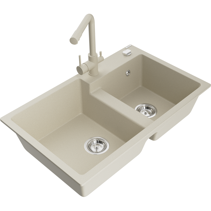 Mexen Tomas кухненска мивка от гранит с 2 отделения и кухненски смесител Duero, бежов - 6516-69-671600-69