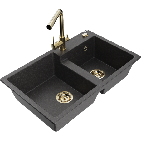 Mexen Tomas двоен кухненски гранитен мивка с батерия Duero, черен с пръски - 6516-76-671600-50
