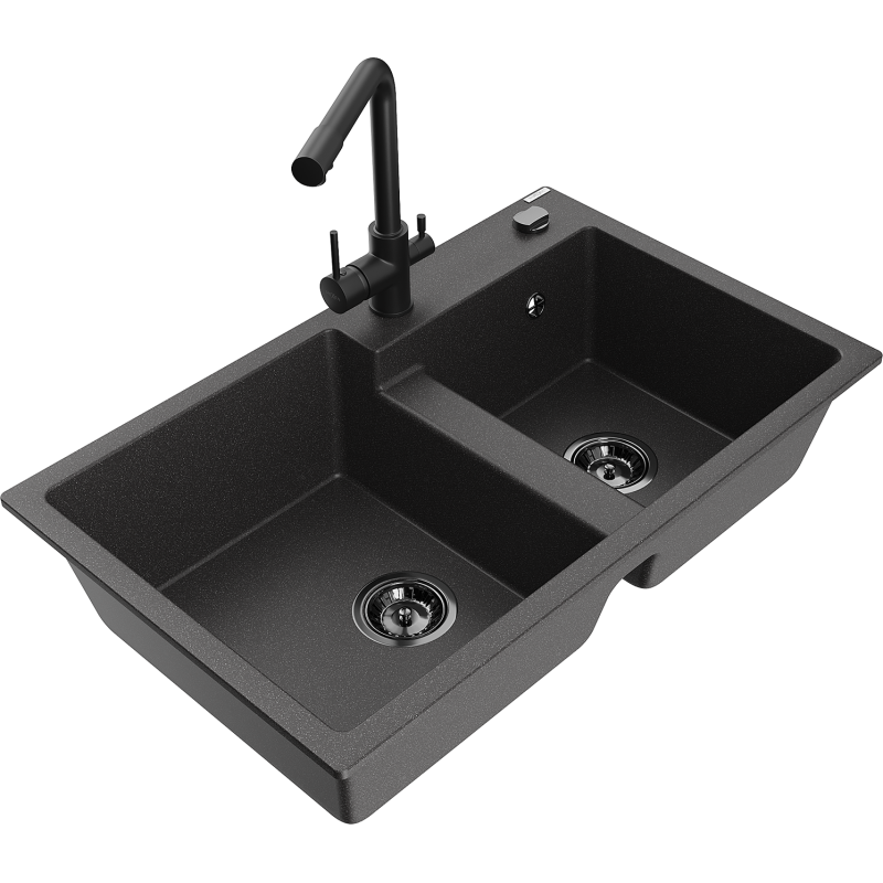 Mexen Tomas гранитна мивка с 2 камери с кухненски смесител Duero, черен с пръски - 6516-76-671600-70-B