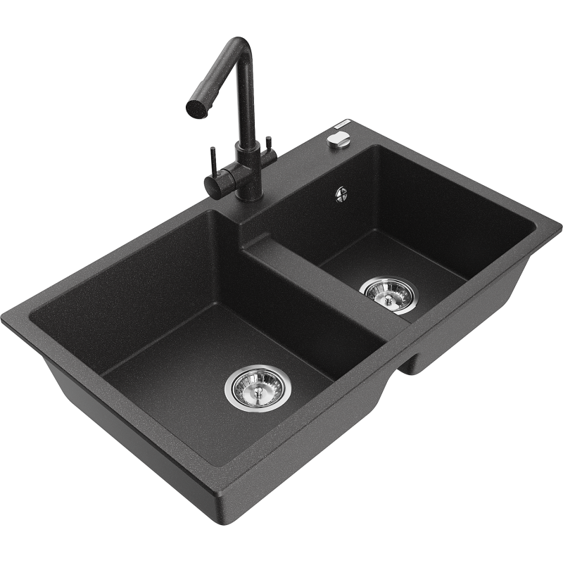 Mexen Tomas кухненска мивка от гранит с 2 гнезда и кухненски смесител Duero, черен с пръски - 6516-76-671600-76