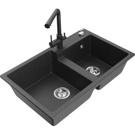 Mexen Tomas кухненска мивка от гранит с 2 гнезда и кухненски смесител Duero, черен с пръски - 6516-76-671600-76