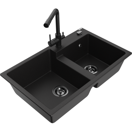 Mexen Tomas гранитна мивка с 2 отделения и кухненски смесител Duero, черен - 6516-77-671600-70-B